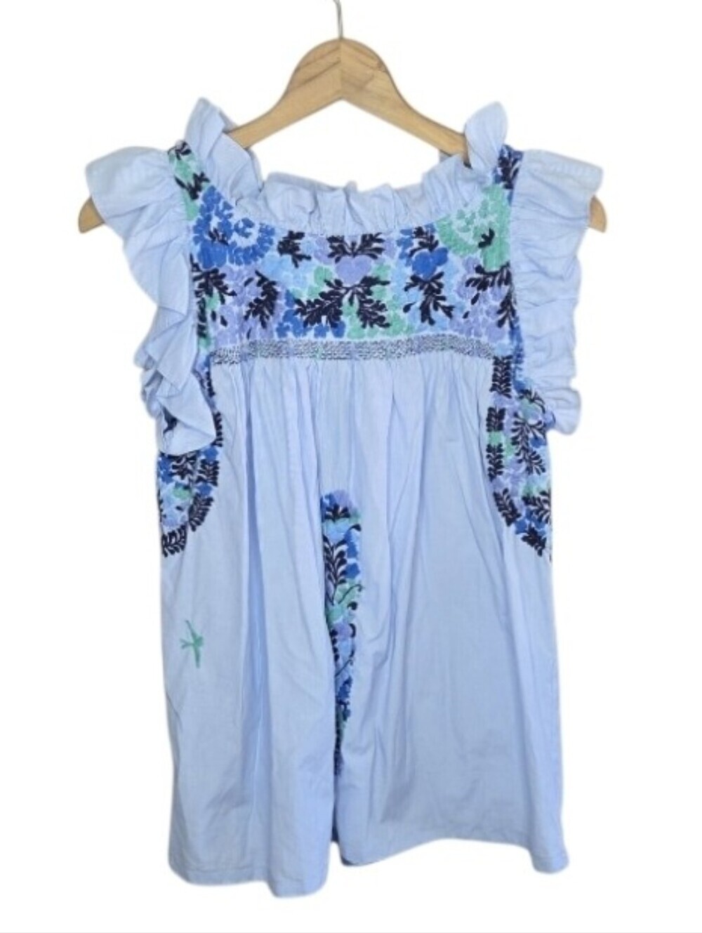Mi Golondrina Olivia Light Blue Pin Stripe Floral Embroidered Blouse Preppy